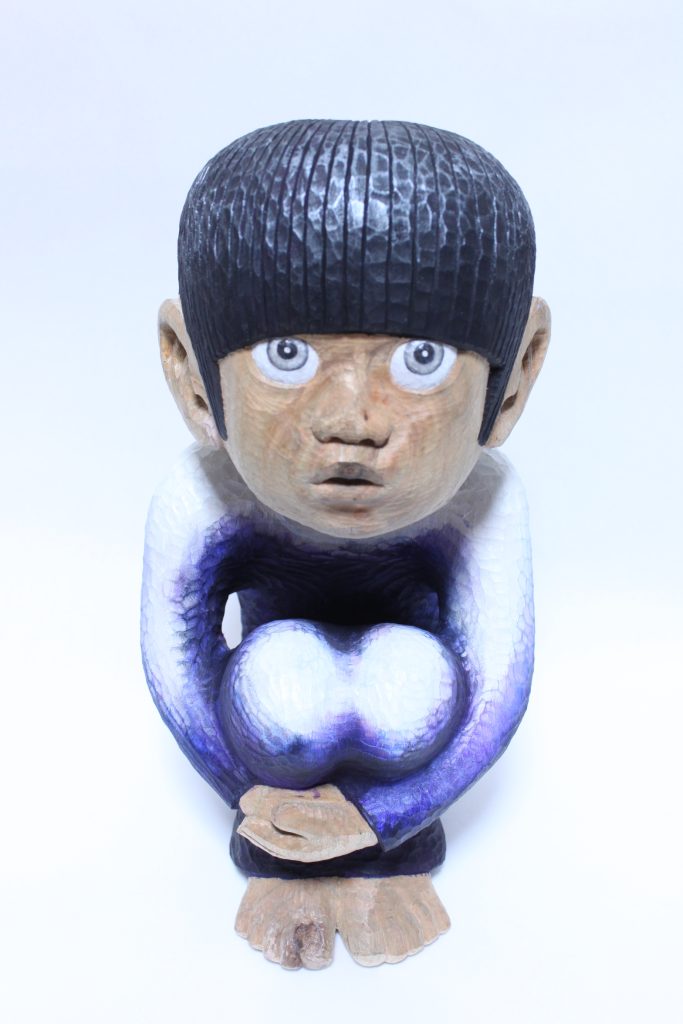 Now I’m Here II, 36 x 18 x 10cm, camphor wood, coloured with acrylic and pencil, 2011