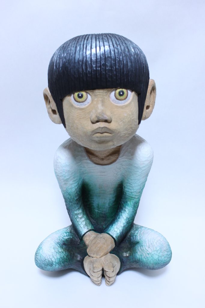 Now I’m Here I, 40 x 24 x 19 cm, camphor wood, coloured with acrylic and pencil, 2011